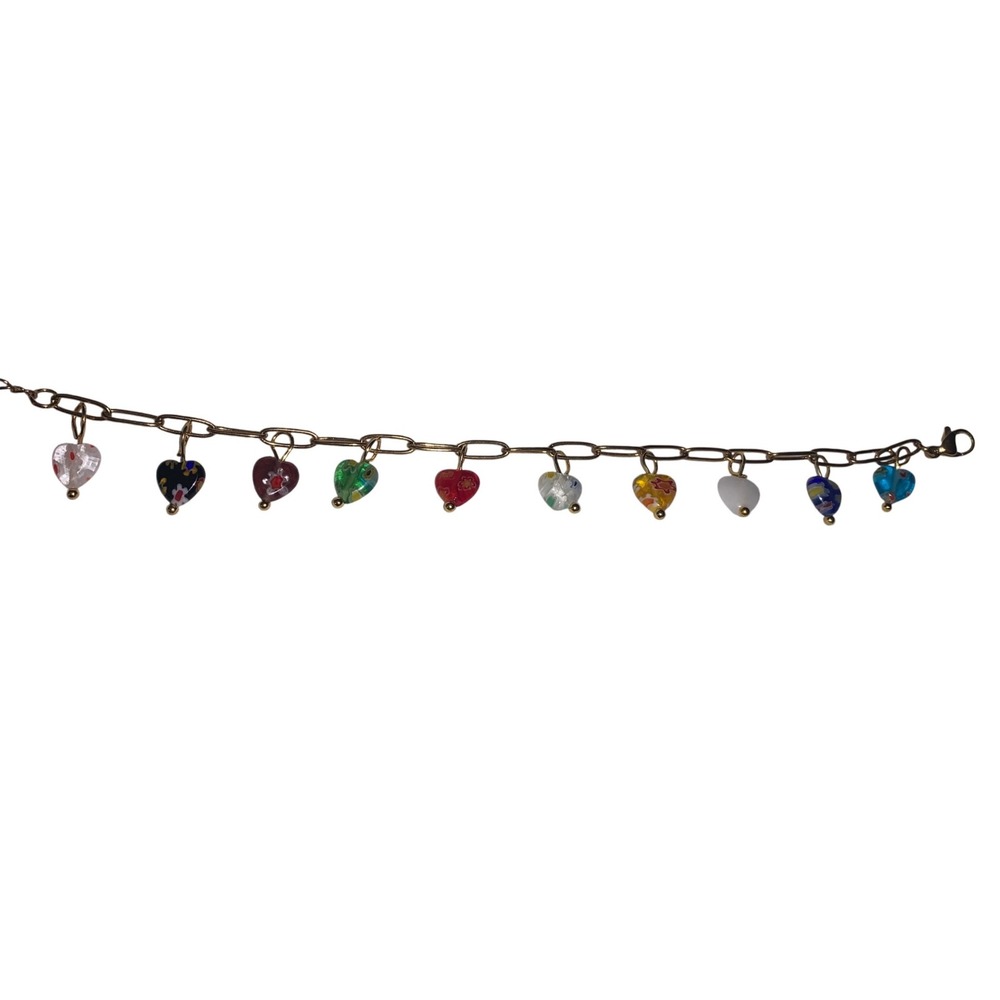 Rainbow Heart Charm Bracelet Gold Tone‎ Chain Colorful Bead Dangle Jewelry